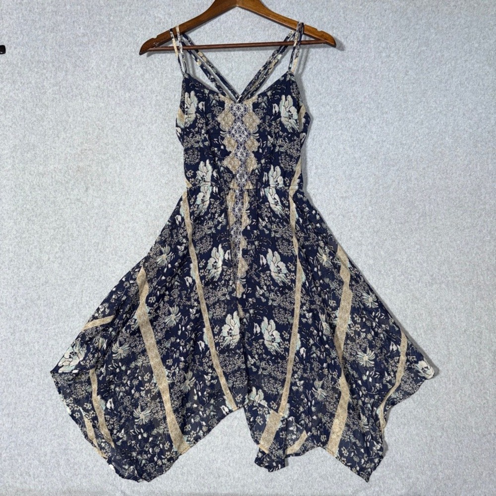 Vanity Floral Handkerchief Hem Dress Navy Blue Boho Criss Cross Strap Small